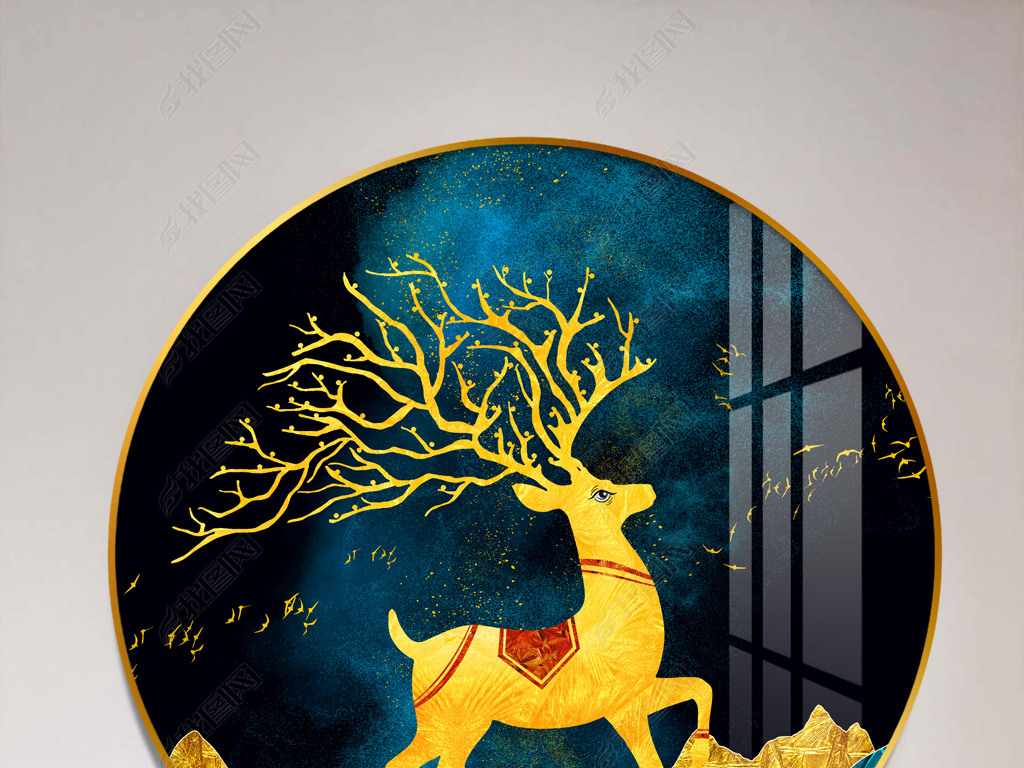 新中式招财富贵鹿金山客厅玄关圆框装饰画