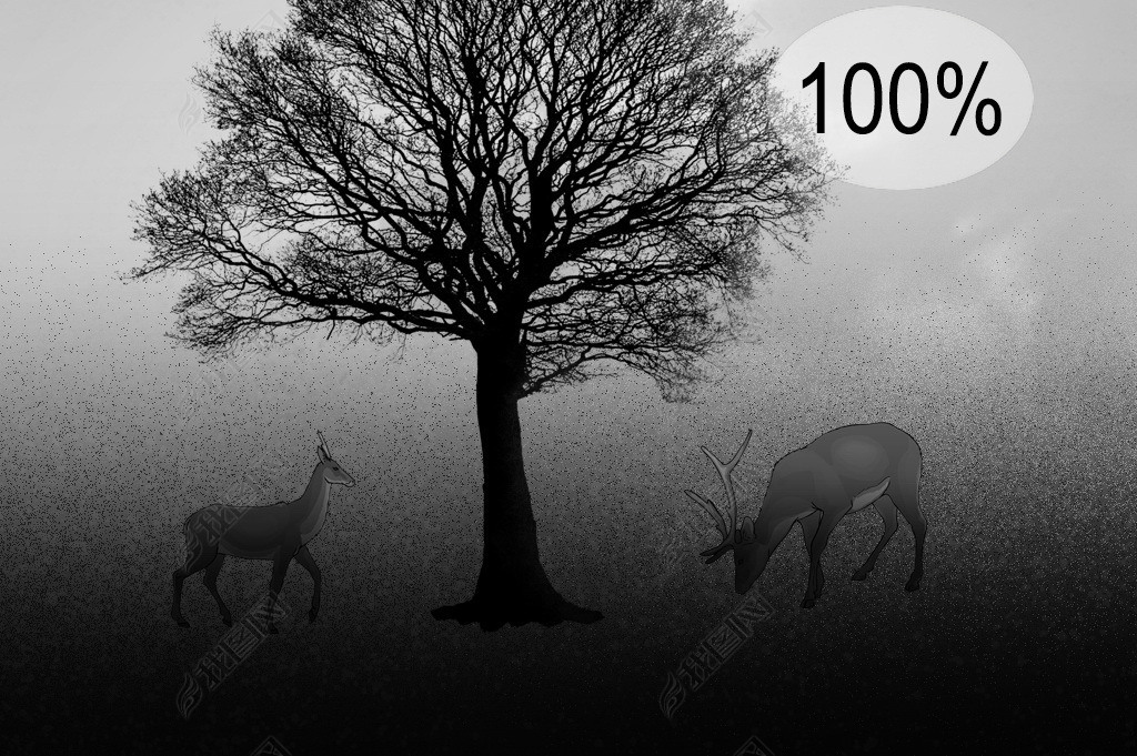 原创黑白远山树影麋鹿抽象画装饰画意境画客厅画版权可商用