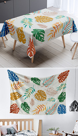 方格 叶子家居图案|现代简约方格手绘叶子水彩桌布茶几布