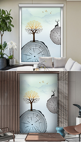 现代抽象年轮山水意境飞鸟轻奢装饰画窗帘门帘