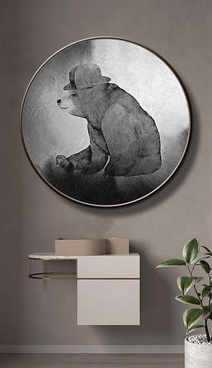 极简手绘黑白画抽象扁平动物棕熊油画装饰画