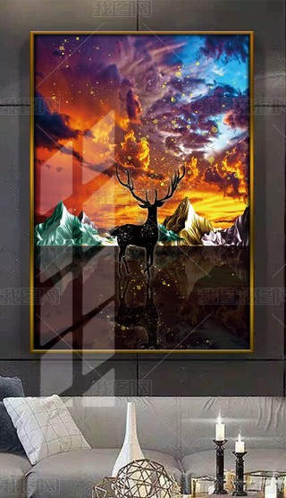 星空麋鹿画法水彩装饰画|梦幻麋鹿后现代星空艺术抽象装饰画