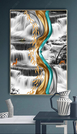 简约抽象线条流水生财轻奢玄关晶瓷画装饰画