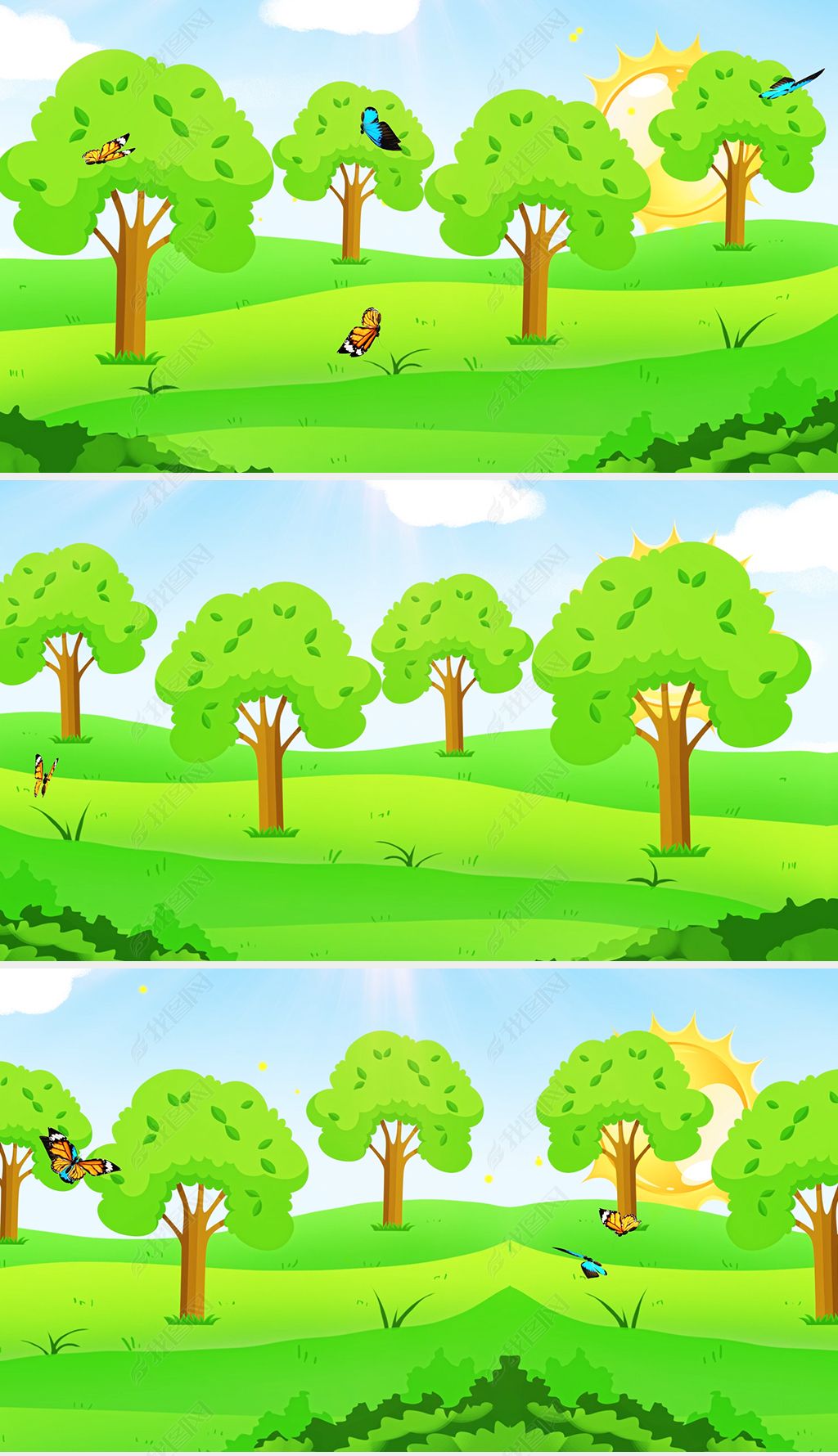 可爱卡通草地树木太阳蝴蝶飞舞动画背景视频视频素材下载-我图网