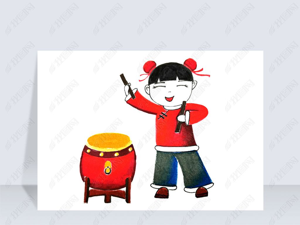 卡通过年儿童敲大鼓png