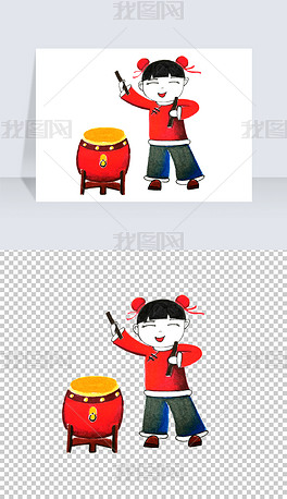 卡通过年儿童敲大鼓png