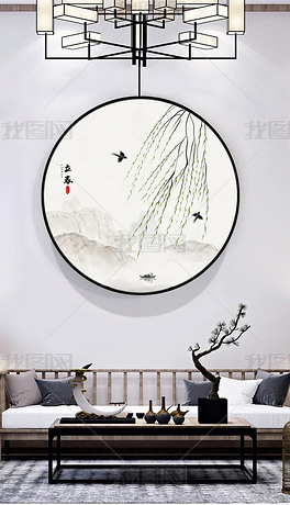 新中式手绘二十四节气柳树燕子装饰画