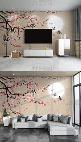 新中式简约手绘花鸟桃花背景墙花开富贵