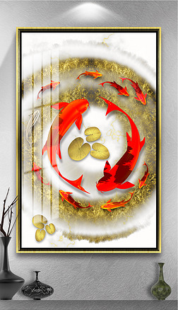 新款创意红色锦鲤鱼装饰画金色圆圈发财转运装饰画酒店装饰画
