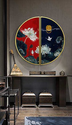花纹图案-新中式中国风金色荷花半圆形壁画花纹图案家居数码图案
