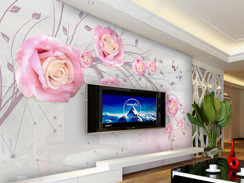 现代简约粉色玫瑰花电视背景墙