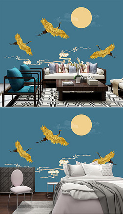 新中式禅意祥云仙鹤延年装饰画背景墙