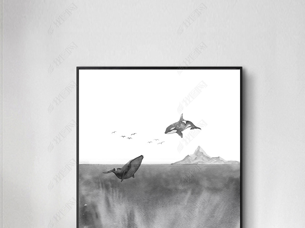 原创北欧现代极简手绘鲸鱼大海黑白玄关装饰画版权可商用