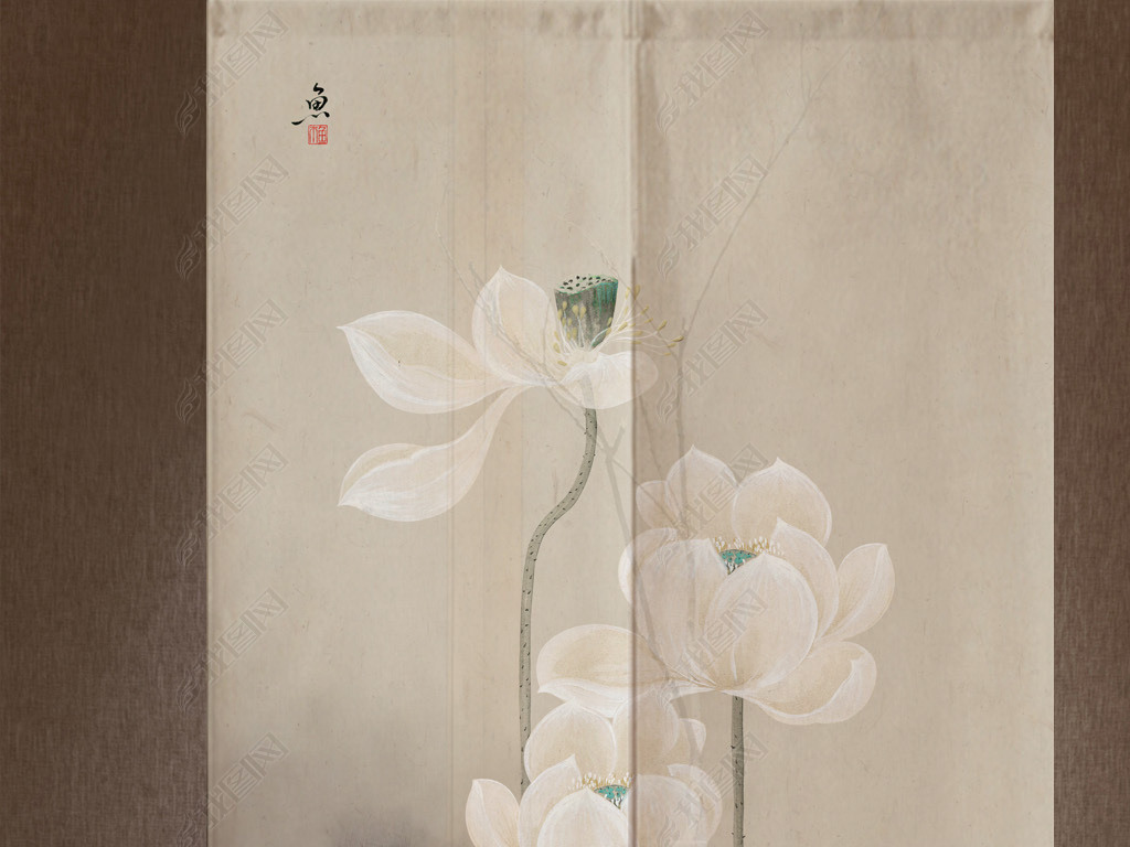 中式手绘素雅禅意水墨荷花玄关门帘家居图案