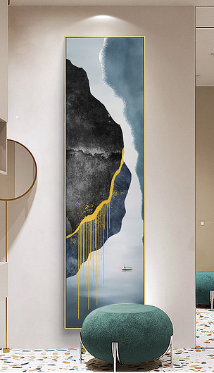 现代简约轻奢抽象水墨鎏金山水竖版玄关装饰画