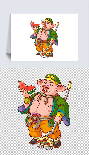 卡通手绘天蓬元帅猪八戒吃西瓜