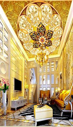 别墅大厅客厅奢华黄金花纹天顶壁画