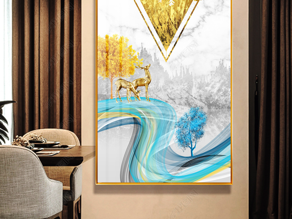 新中式抽象艺术线条一路高升玄关背景墙