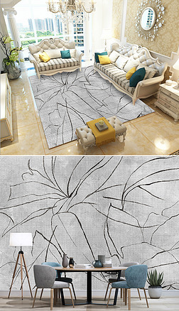 素描白描画地面装饰|手绘炭笔花卉背景墙新中式壁纸客厅地毯花卉