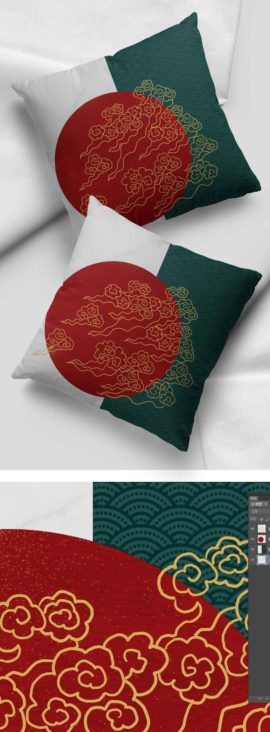 新中式家居抱枕国潮风祥云古典靠垫图案设计