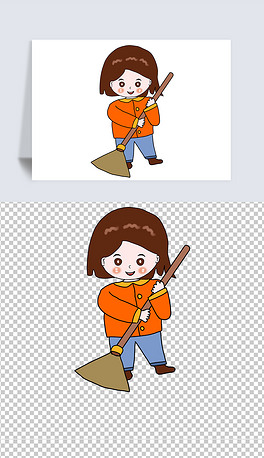 卡通手绘人物扫地可爱女孩传统习俗扫尘手绘插画