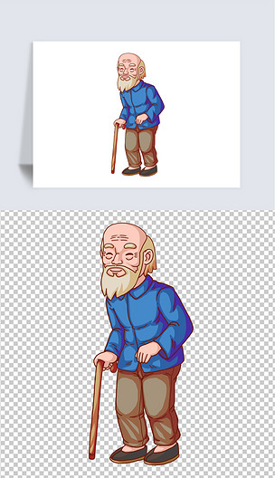 卡通手绘拿拐杖老年人长胡子白发老头