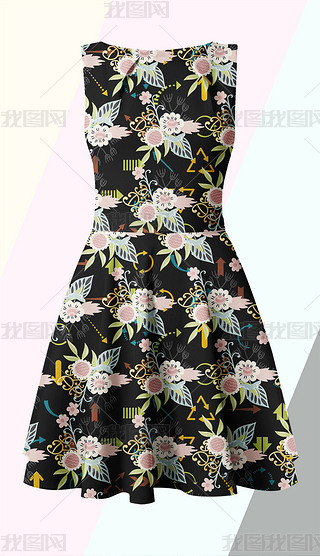 黑底简约时尚花卉箭头几何图案印花