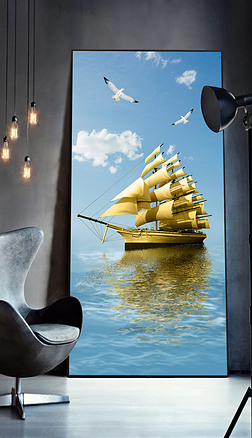 现代简约大海金色帆船客厅玄关晶瓷画装饰画