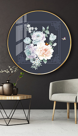 现代简约手绘白牡丹新中式圆形装饰画圆框画