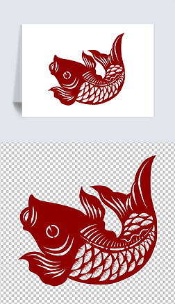 原创新年春节红色剪纸窗花剪纸鲤鱼年年有鱼png免扣素材