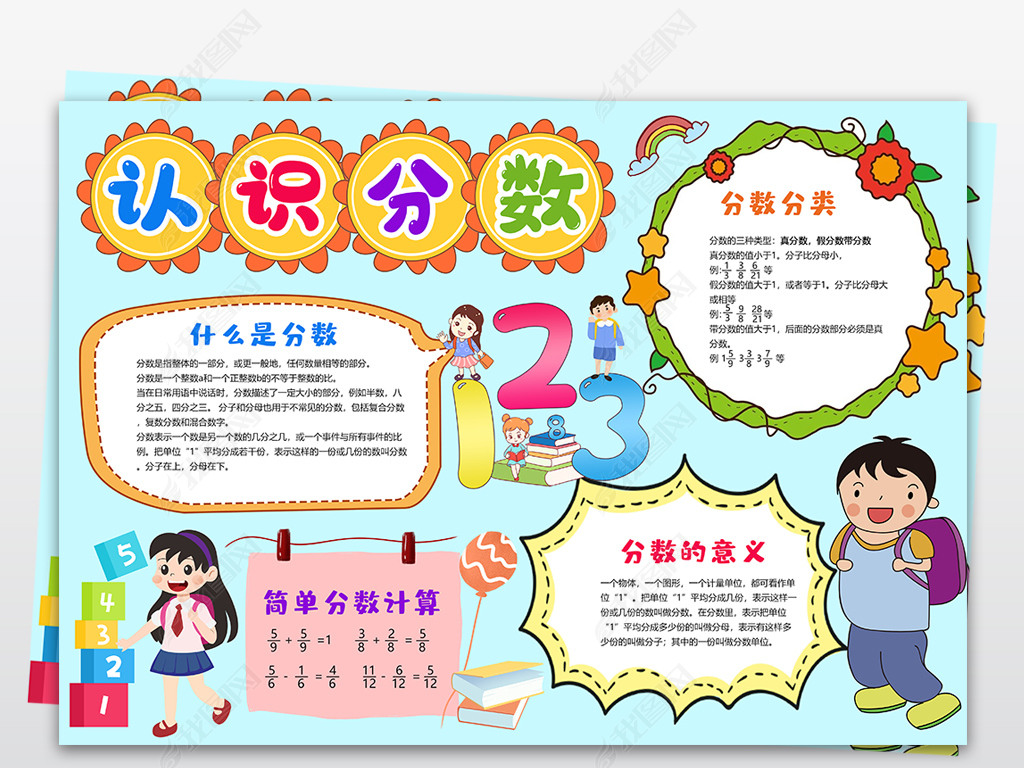 原创卡通数学小报趣味数学手抄报认识分数电子小报模板版权可商用
