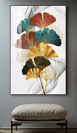 花纹图案-手绘现代简约银杏叶轻奢壁画花纹图案家居数码图案