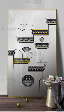 花纹图案-新中式创意酒店餐厅复古徽派屋檐花纹图案家居数码图案