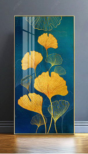 现代轻奢金色银杏叶油画玄关背景墙装饰画