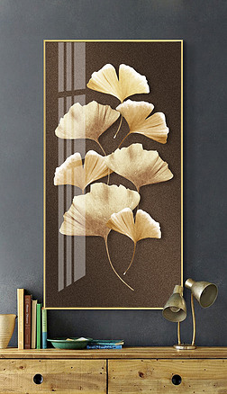 花纹图案-轻奢新中式金色银杏叶壁画花纹图案家居数码图案