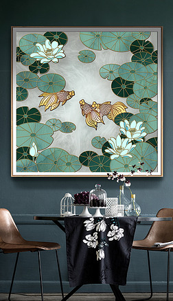 荷花金鱼装饰画装饰画|北欧小清新国潮新中式金箔线荷花金鱼装饰画