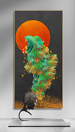 现代轻奢晶瓷手绘孔雀鱼油画玄关装饰画