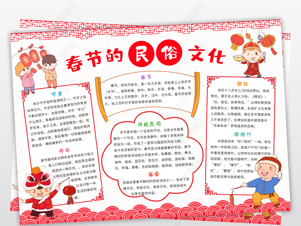 原创2020春节习俗小报新年民俗年俗手抄报鼠年大吉电子小报版权可商用