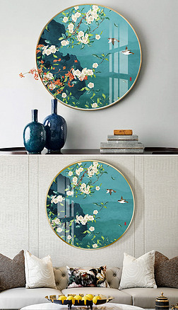 新中式手绘梨花工笔花鸟圆框装饰画挂画