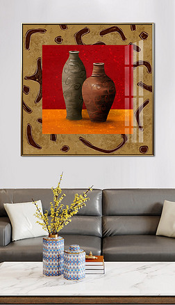 欧式简约静物油画陶罐现代复古装饰画