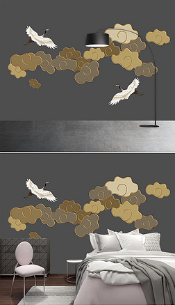 手绘抽象祥云壁画工笔祥云白鹤装饰画