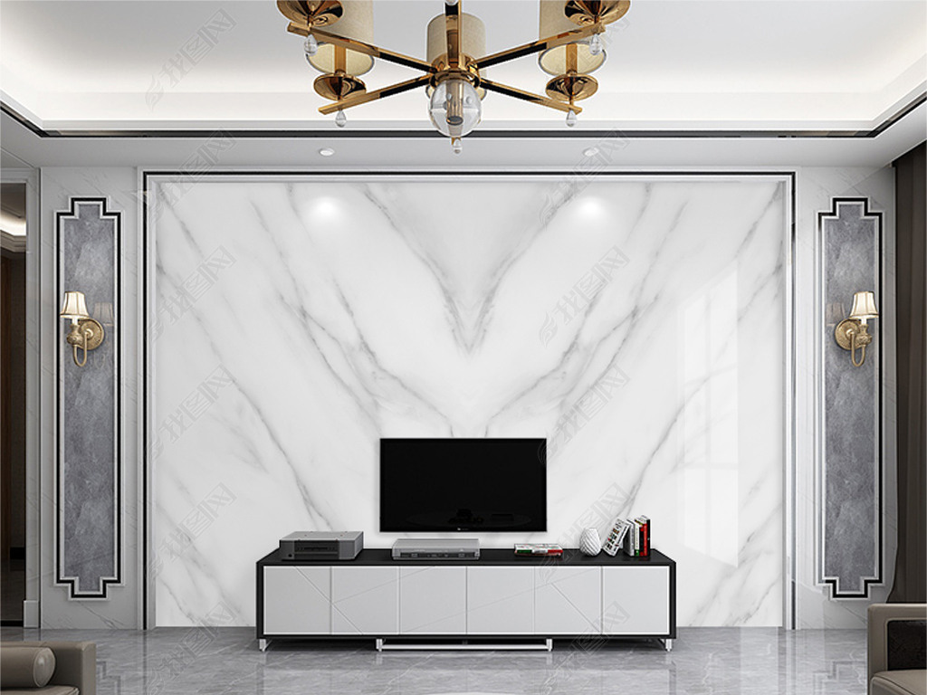 新款爵士白鱼肚白大理石纹轻奢电视背景墙