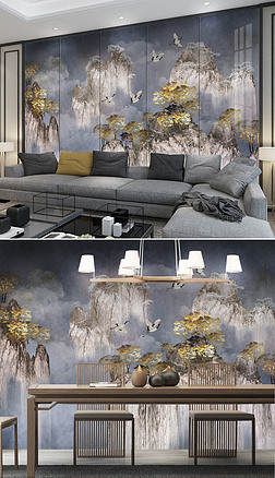 新中式艺术蓝山水花鸟电视背景墙壁画