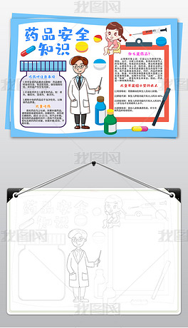 原创卡通中小学药品安全知识小报手抄报线稿涂色模板设计-版权可商用