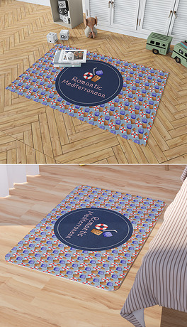 地中海风格帆船条纹贝壳海星地垫地毯茶几垫ins北欧风四方连续鱼纹船