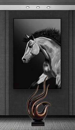 手绘骏马黑白画马到成功装饰画入户玄关背景墙