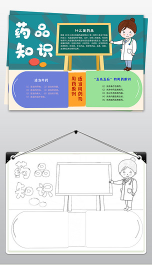 原创药品知识药品安全知识小报手抄报线稿涂色模板设计版权可商用