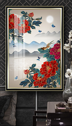 新中式工笔花鸟牡丹蝴蝶山水客厅装饰画国潮装饰画