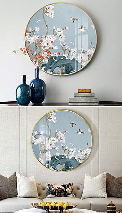 新中式花鸟手绘白玉兰圆形装饰画圆框画