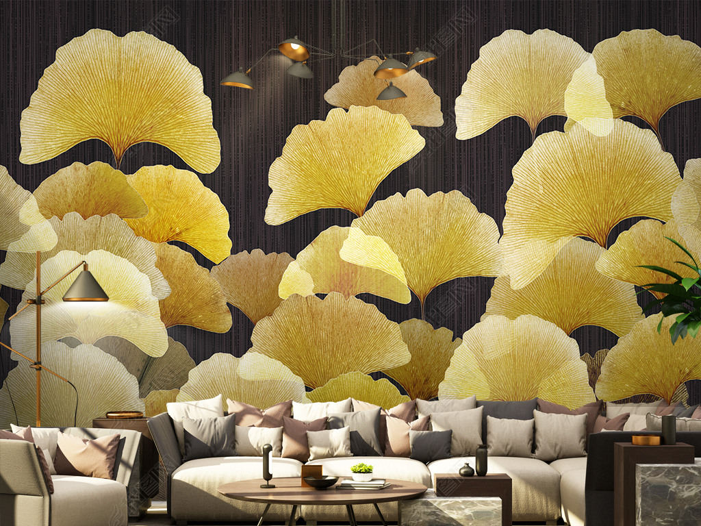 轻奢北欧植物叶子银杏叶现代简约电视沙发背景墙壁画图片素材-效果图